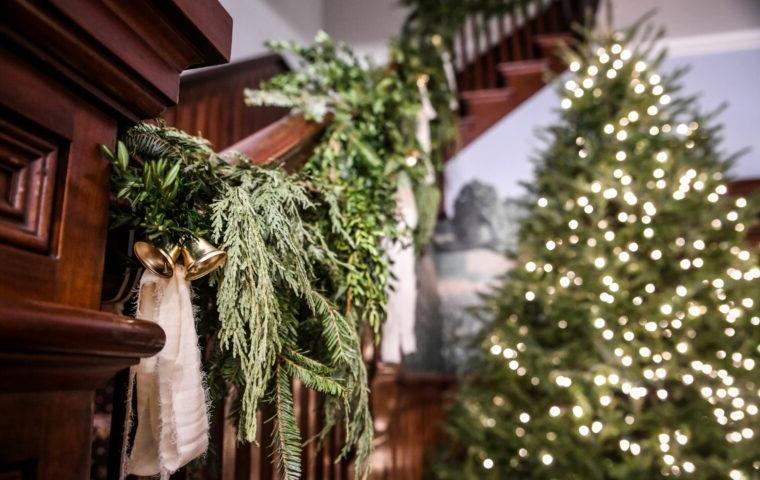 evergreen garland on staircase